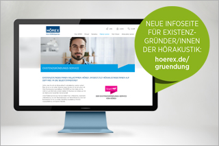 Desktop mit HÖREX Infoseite für Gründer/innen der Hörakustik. Web-Adresse: hoerex.de/gruendung